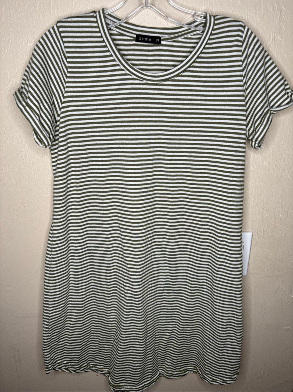 Cotton On Olive Green & White Striped T-Shirt Dress Small-129